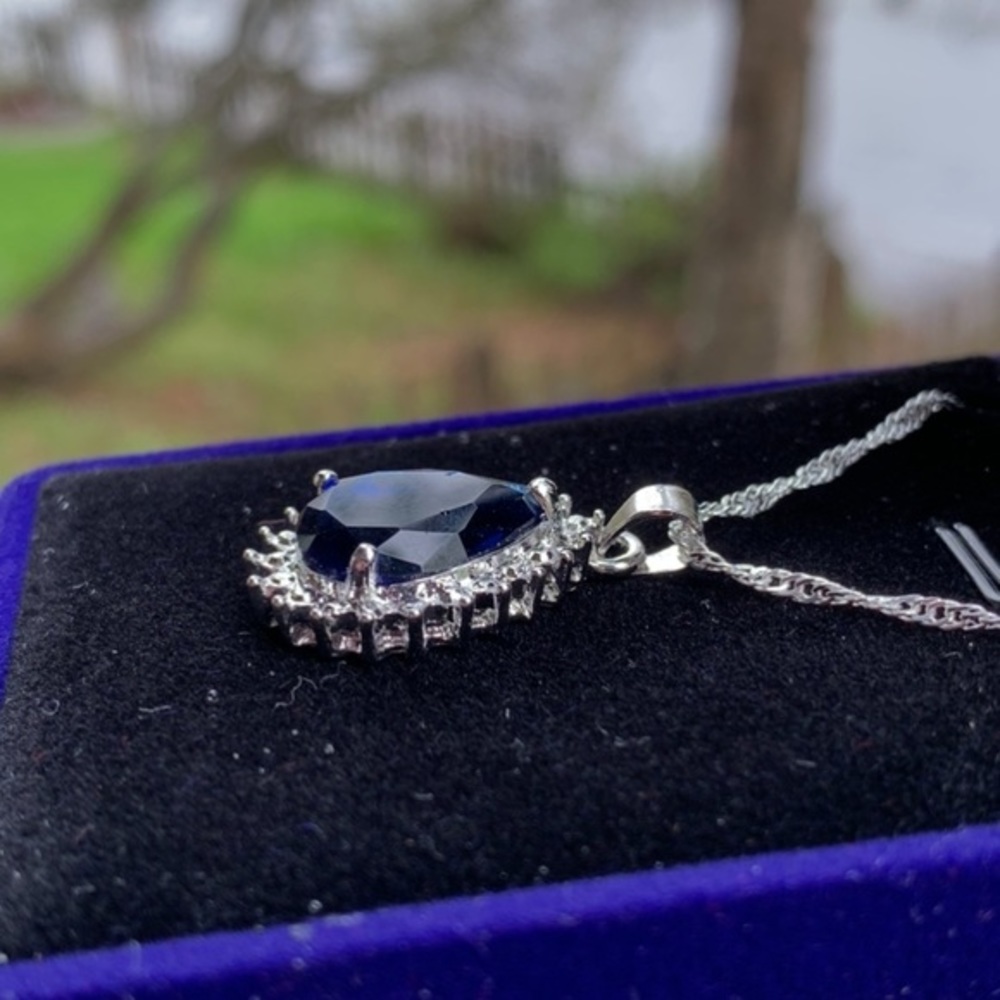 SS 925 CHAIN & PENDANT BLUE & CLEAR CUBIC ZIRCONIA - Picture 4 of 6
